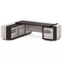 Стол руководителя с тумбой и греденцией (L-113 пр/л) Grace, Дуб Линдберг Темный и Бетон Пайн 2070х2016х750 (1600х1000 - столешница) Дуб Линдберг Темный и Бетон Пайн